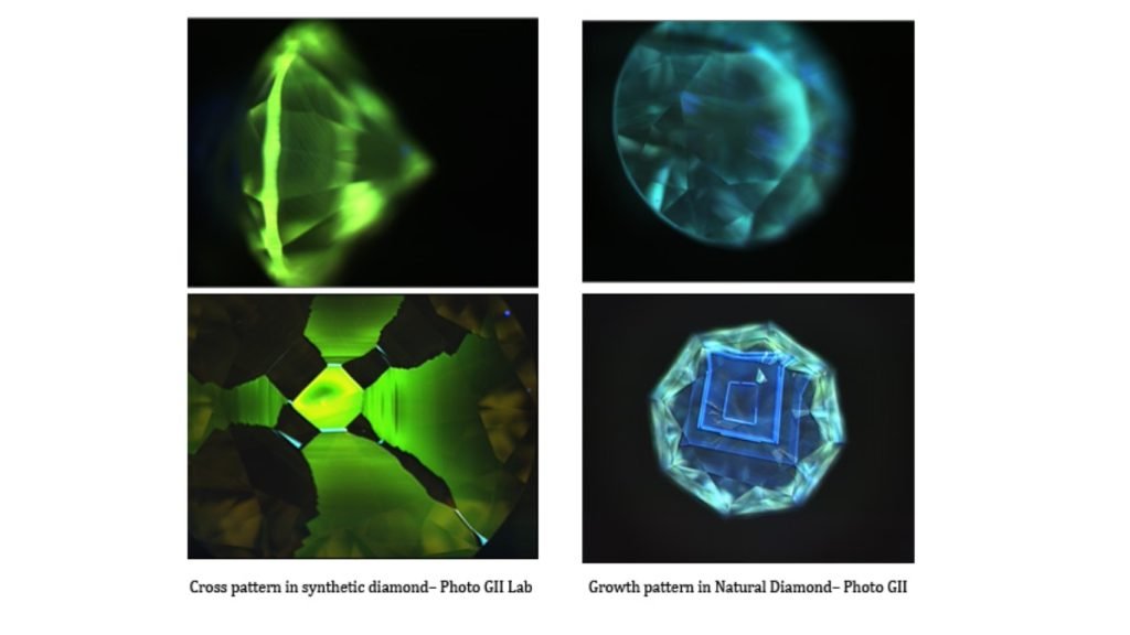 Naudojant pažangią laboratorinę techniką galima įžvelgti augimo raštus. Nuotraukoje DTC Diamond View laboratorijoje užauginto deimanto kristalinis raštas